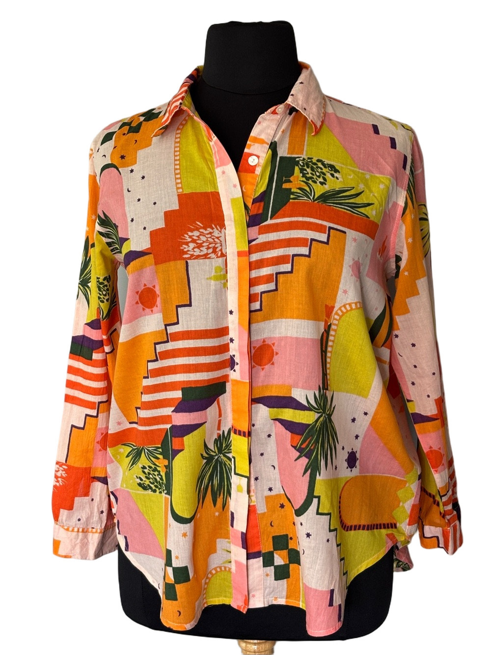 Haute Hippie Colorful Abstract Button Up Shirt Women’s Large Boho Resort Coastal